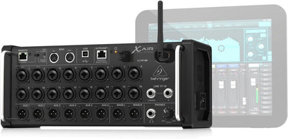 Behringer XR18 Kenya X Air iPad app showing EQ curve, channel faders, bus routing and solo controls