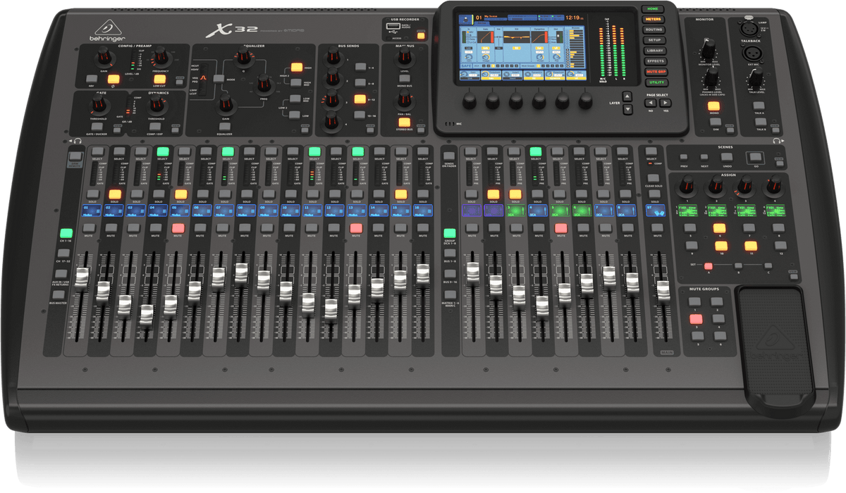 Behringer X32 digital mixer Kenya — elevated front-angle view showing touchscreen display, motorized faders and bus sends