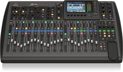 Behringer X32 digital mixer Kenya — elevated front-angle view showing touchscreen display, motorized faders and bus sends