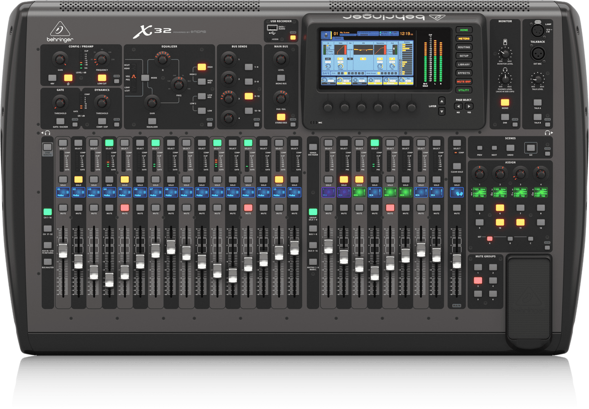 Behringer X32 digital mixer Kenya — straight-on top view showing full fader bank, channel strips and color-coded buttons