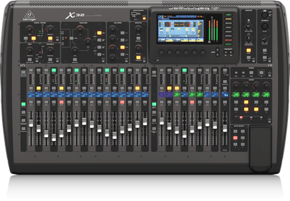Behringer X32 digital mixer Kenya — straight-on top view showing full fader bank, channel strips and color-coded buttons