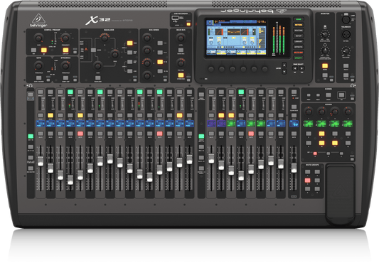 Behringer X32 digital mixer Kenya — straight-on top view showing full fader bank, channel strips and color-coded buttons