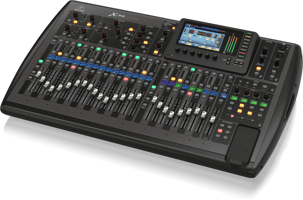 Behringer X32 digital mixer Kenya — right-side angle showing master section, scenes controls and mute groups panel