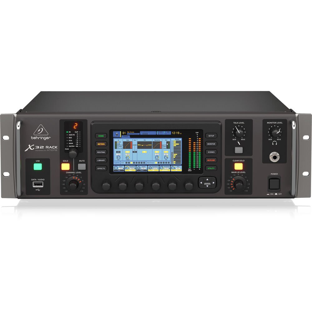 Behringer X32 RACK Kenya mixer, elevated front view showing top cover and control panel