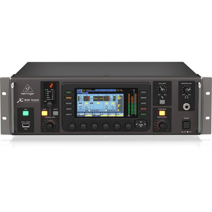 Behringer X32 RACK Kenya mixer, elevated front view showing top cover and control panel