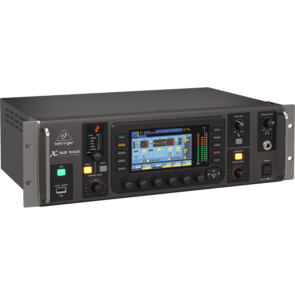 Behringer X32 RACK Kenya mixer, angled front-left view with illuminated display and rack ears