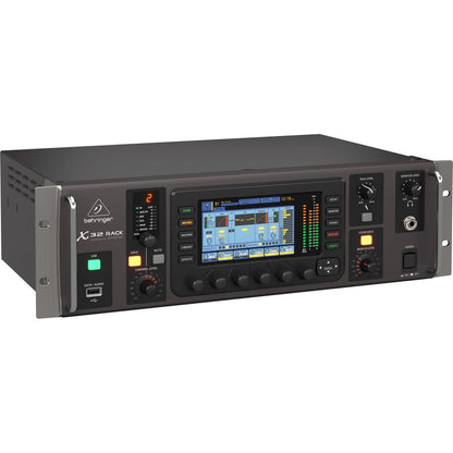 Behringer X32 RACK Kenya mixer, angled front-left view with illuminated display and rack ears