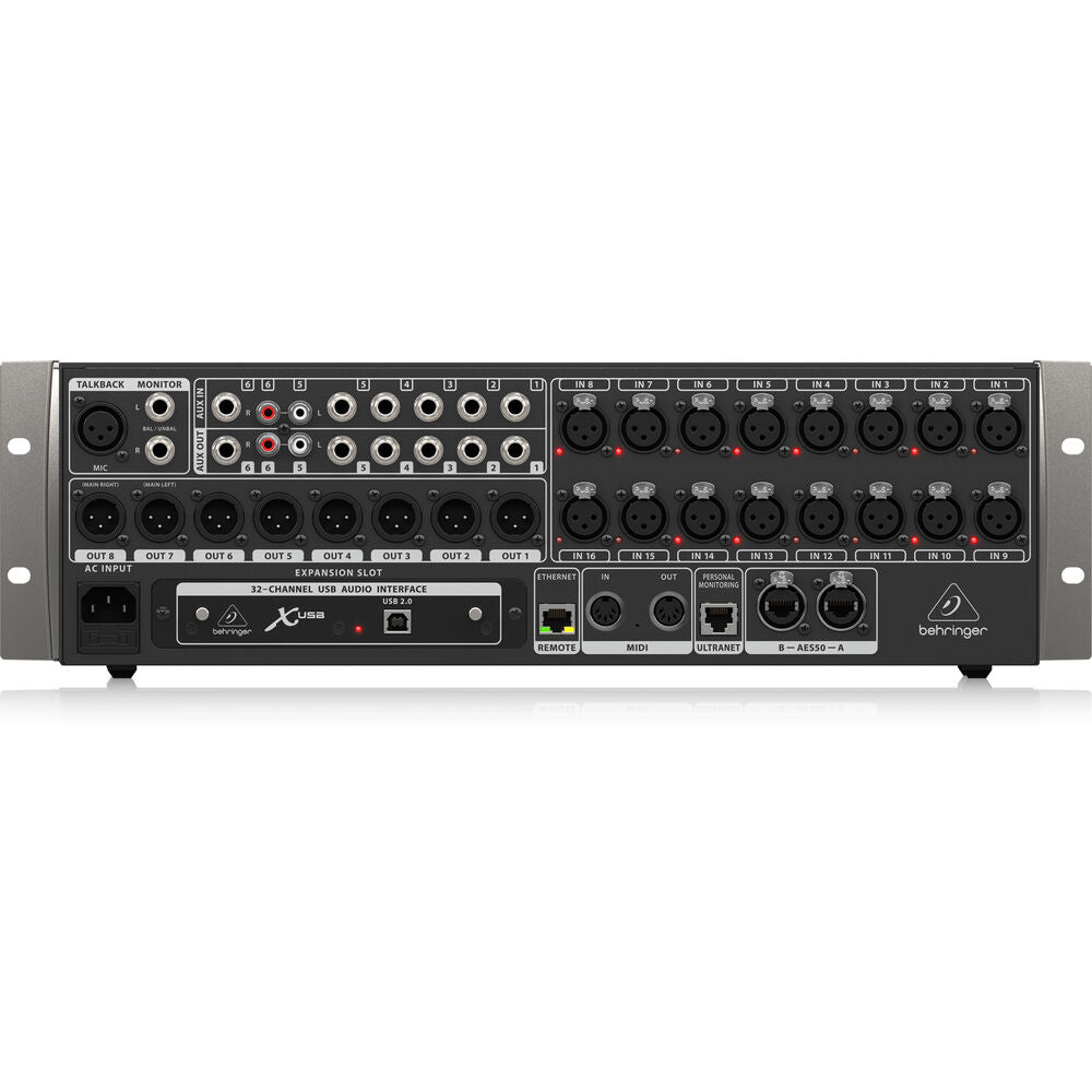 Behringer X32 RACK Kenya mixer, rear panel with XLR sockets, X-USB card and AES50 ports