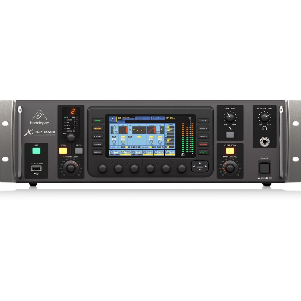 Behringer X32 RACK Kenya mixer, straight-on front panel with screen, USB port and headphone socket
