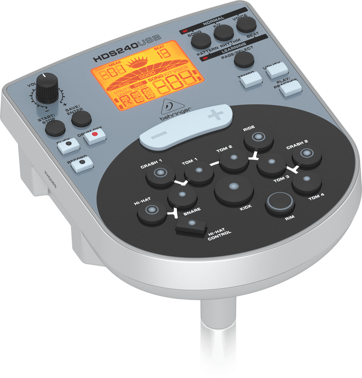 Behringer XD80-USB Kenya — sound module angled view, HDS240USB display, drum pad layout, volume knob and controls visible
