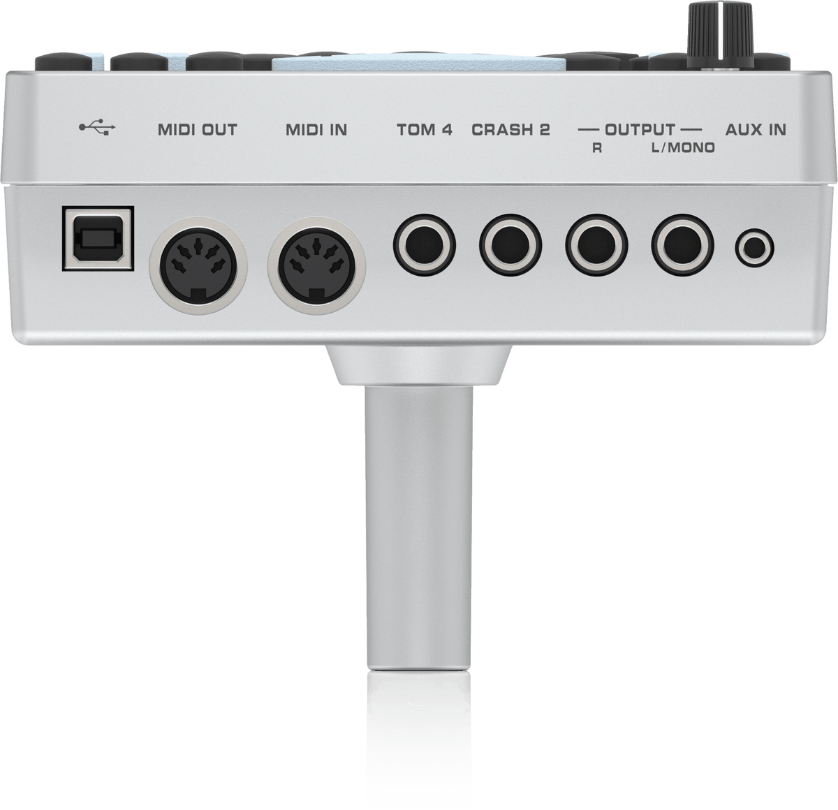 Behringer XD80-USB Kenya — sound module rear panel, USB port, MIDI In/Out, TRS outputs, Aux In, all connectors labelled