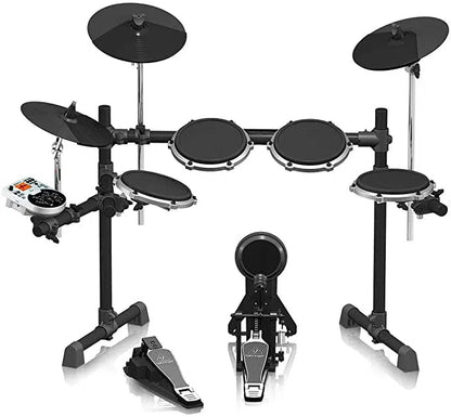Behringer XD80-USB Kenya — full 8-piece kit on rack, black pads, cymbals, kick pedal, front three-quarter view