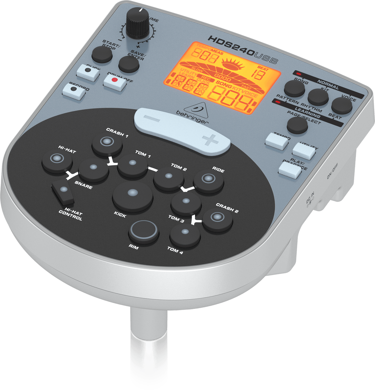 Behringer XD80-USB Kenya — sound module right-rear angled view, HDS240USB display, pad layout, DC In and power switch visible