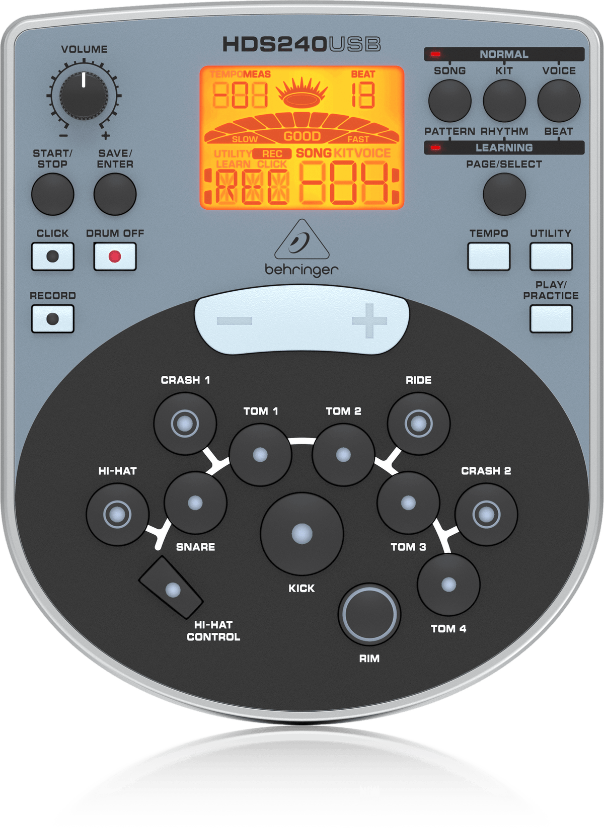 Behringer Behringer XD80-USB Kenya — sound module front panel, HDS240USB display, full pad layout, snare kick hi-hat controls labelled