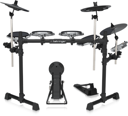 Behringer XD80-USB Kenya — rear view of full kit on rack, cymbals and tom pads visible, kick and hi-hat pedals shown