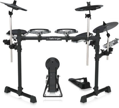 Behringer XD80-USB Kenya — rear view of full kit on rack, cymbals and tom pads visible, kick and hi-hat pedals shown