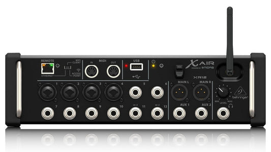 Behringer XR12 digital mixer front view with 12 inputs and Wi-Fi control