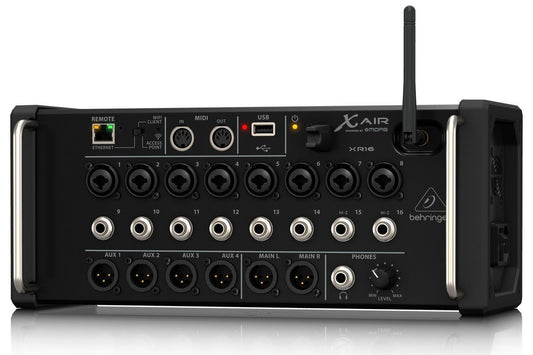 Behringer XR16 digital mixer front view with 16 input channels
