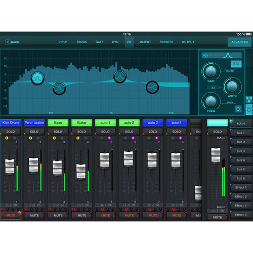 Behringer XR18 Kenya X Air iPad app showing EQ curve, channel faders, bus routing and solo controls