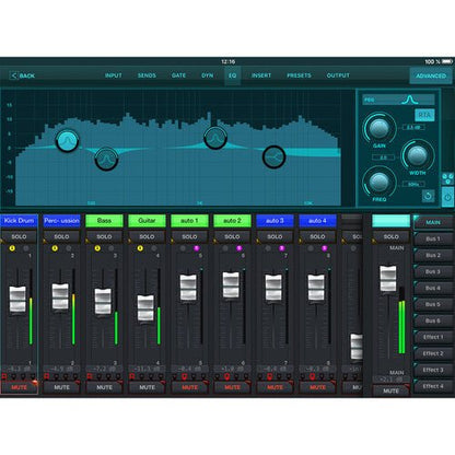 Behringer XR18 Kenya X Air iPad app showing EQ curve, channel faders, bus routing and solo controls