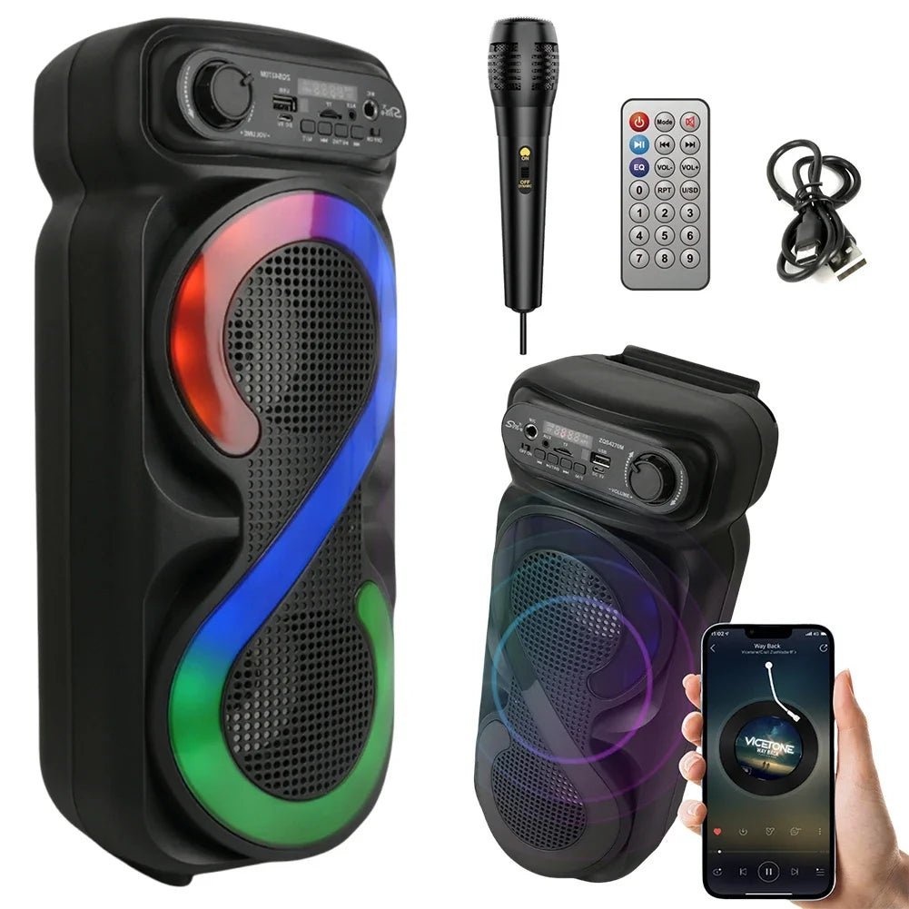 karaoke boombox speaker Kenya shown with wired mic, remote control, and USB charging cable included in box