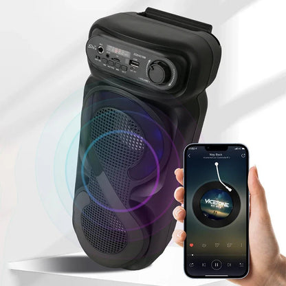 karaoke boombox speaker Kenya angled view with smartphone showing Bluetooth music streaming pairing