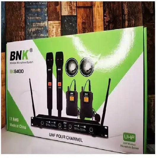 BNK BK8400 wireless microphone Kenya — retail box with 2 handheld, 2 lapel mics and UHF rack receiver