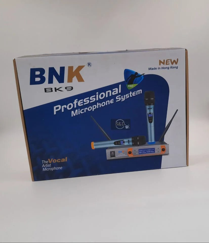 BNK BK9 wireless microphone Kenya retail box showing dual handheld mics and UHF receiver on packaging