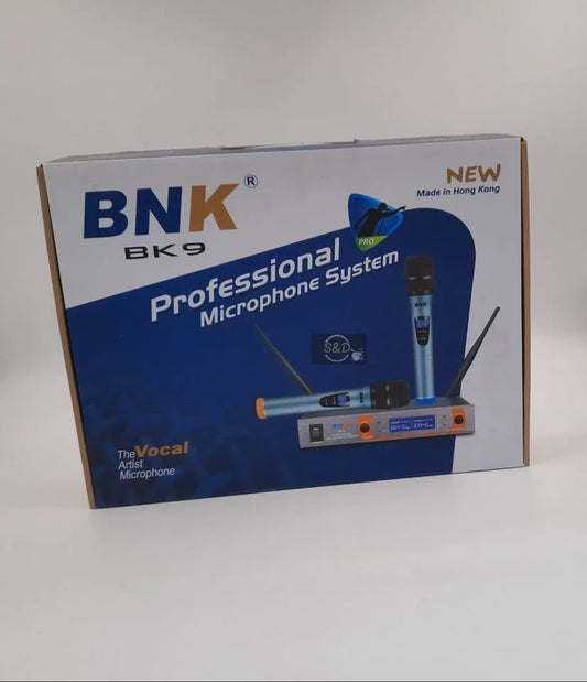 BNK BK9 wireless microphone Kenya retail box showing dual handheld mics and UHF receiver on packaging