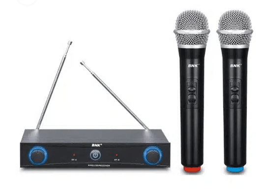 BNK BK901 wireless microphone Kenya — dual receiver unit with antennas and two handheld mics on white background