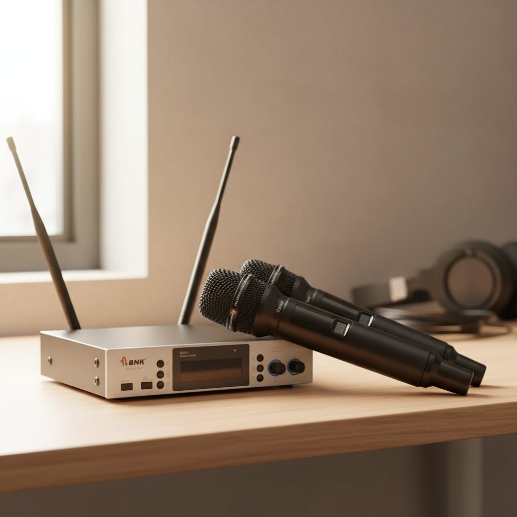 BNK BM 100 wireless microphone front view, compact handheld design for live performance and content creation