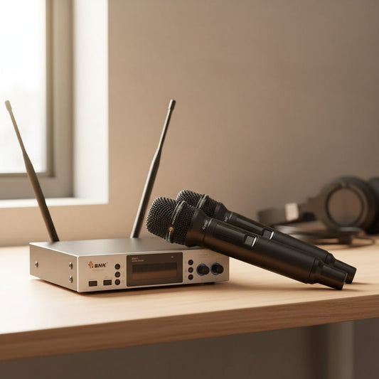 BNK BM 100 wireless microphone front view, compact handheld design for live performance and content creation