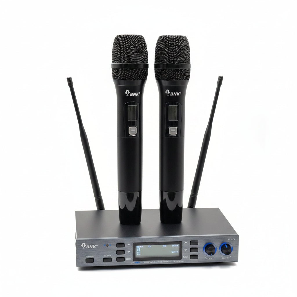 BNK IS-20 wireless microphone Kenya — dual handheld mics docked on UHF receiver with LCD display and antennas