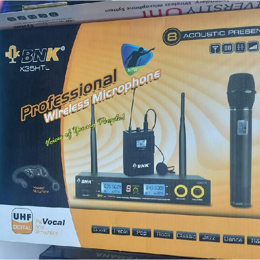 BNK X35HTL wireless microphone Kenya — retail box showing dual UHF handhelds, bodypack, lavalier mic and LCD receiver