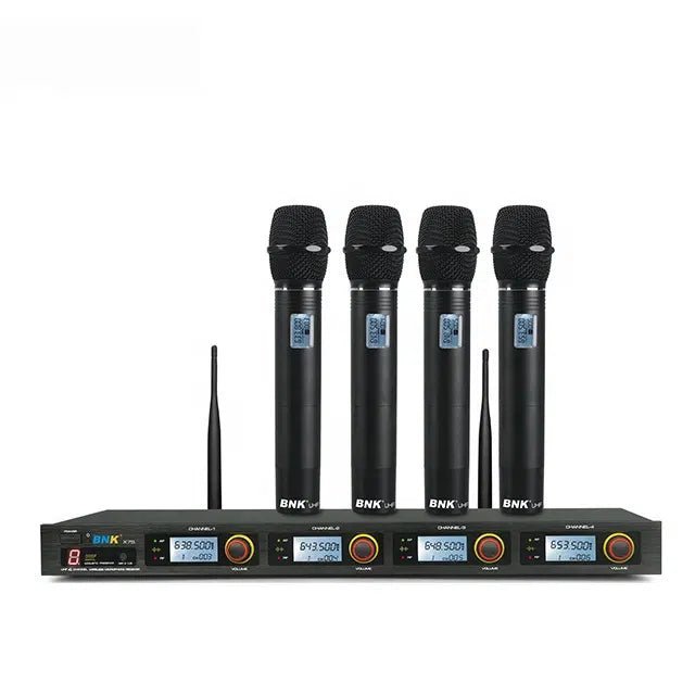 BNK X75 wireless microphone system Kenya — 4-channel UHF rack receiver with 4 black handheld mics