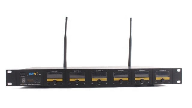 BNK X85 6 in 1 wireless microphone system Kenya — front-facing receiver unit with six individual LCD channel displays