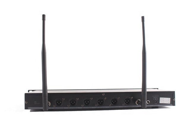BNK X85 6 in 1 wireless microphone system Kenya — rear panel of UHF receiver showing dual antennas and XLR outputs