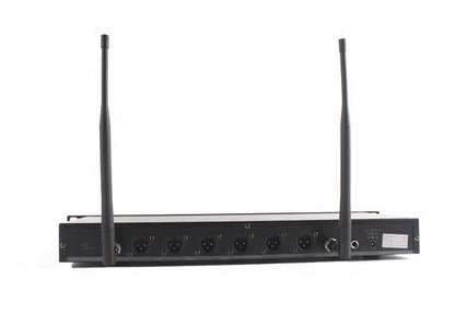 BNK X85 6 in 1 wireless microphone system Kenya — rear panel of UHF receiver showing dual antennas and XLR outputs