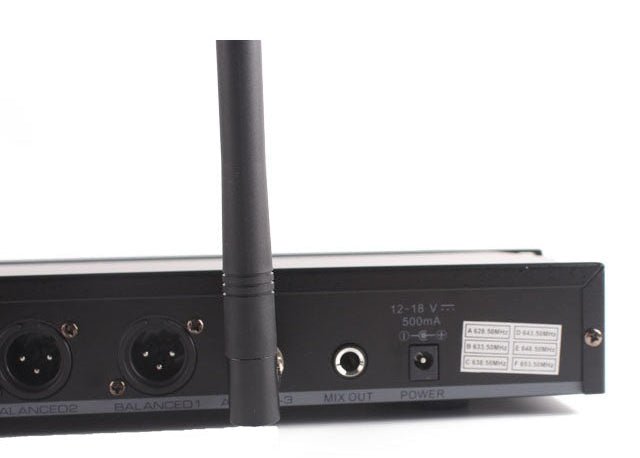BNK X85 6 in 1 wireless microphone system Kenya — close-up of rear XLR outputs, quarter-inch jack, and antenna port
