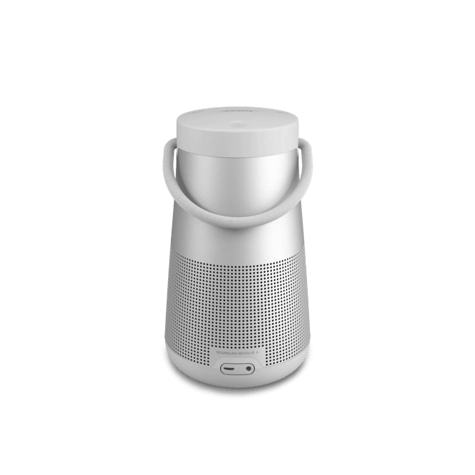 Bose SoundLink Revolve+ II Kenya — Luxe Silver rear-angle view showing USB-C port and speaker grille