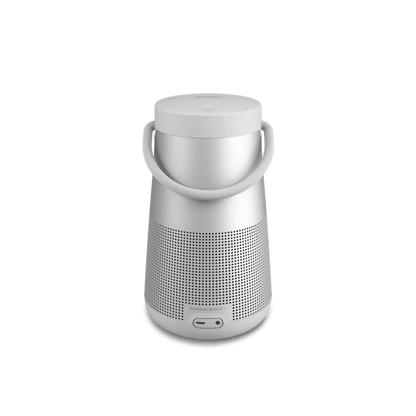 Bose SoundLink Revolve+ II Kenya — Luxe Silver rear-angle view showing USB-C port and speaker grille