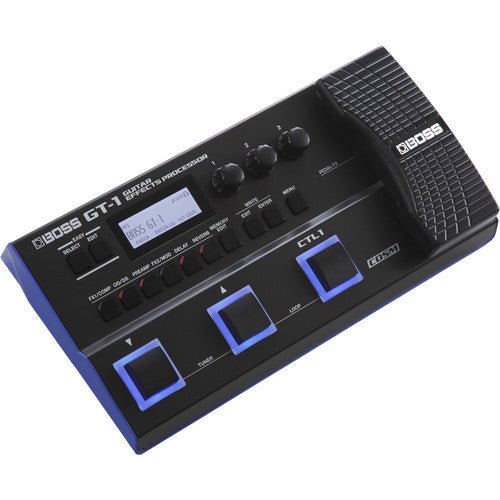 BOSS GT-1 Kenya guitar multi-effects processor angled view showing control knobs and blue-lit footswitches`