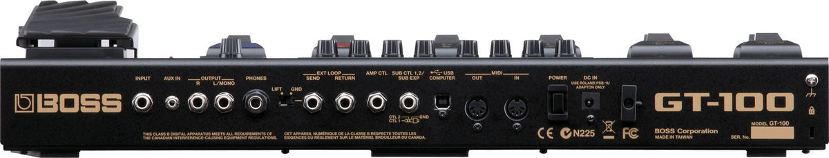 Boss GT-100 Kenya rear panel showing input, output, USB, MIDI, send/return and AUX ports