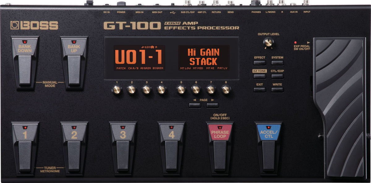 Boss GT-100 Kenya top-down view showing full control layout and dual LCD screens with Hi Gain Stack patch