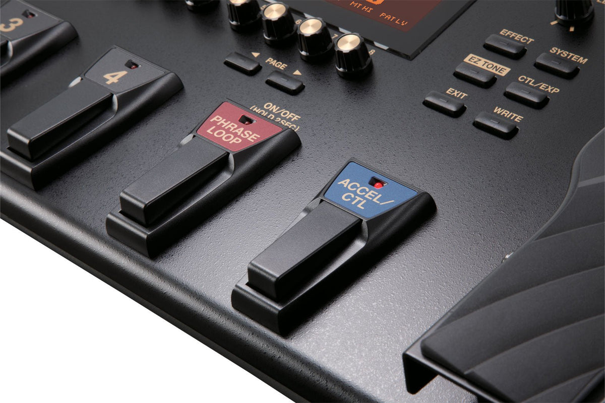Boss GT-100 Kenya close-up of Phrase Loop, Accel/CTL footswitches, EZ Tone and Write buttons