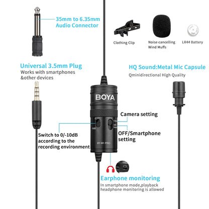 BOYA BY-M1 PRO Lavalier Microphone – Portable Omnidirectional Condenser Mic with 6m Cable for Canon, Nikon, Sony, iPhone 13, Huawei, and More - ZAMAR AUDIO SOLUTIONS