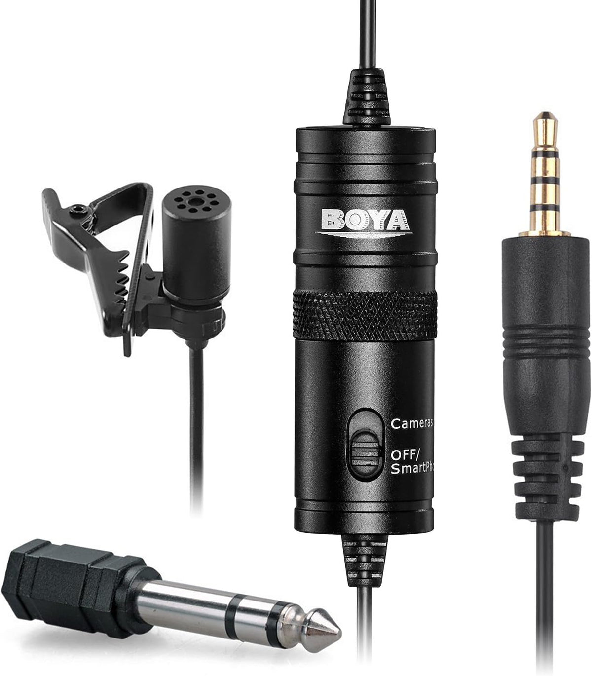 BOYA BY-M1 lavalier microphone tie clip and foam windscreen close-up