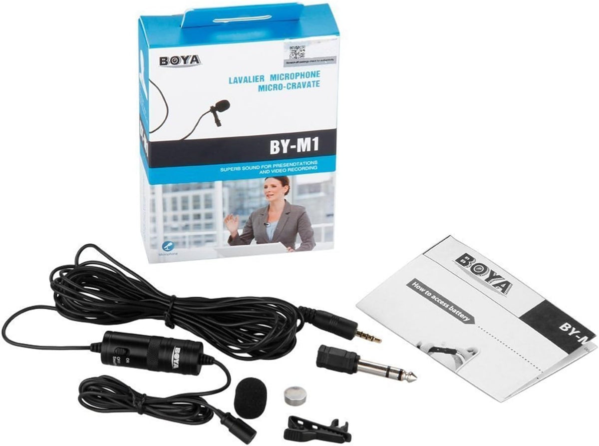 BOYA BY-M1 lavalier microphone retail packaging with accessories