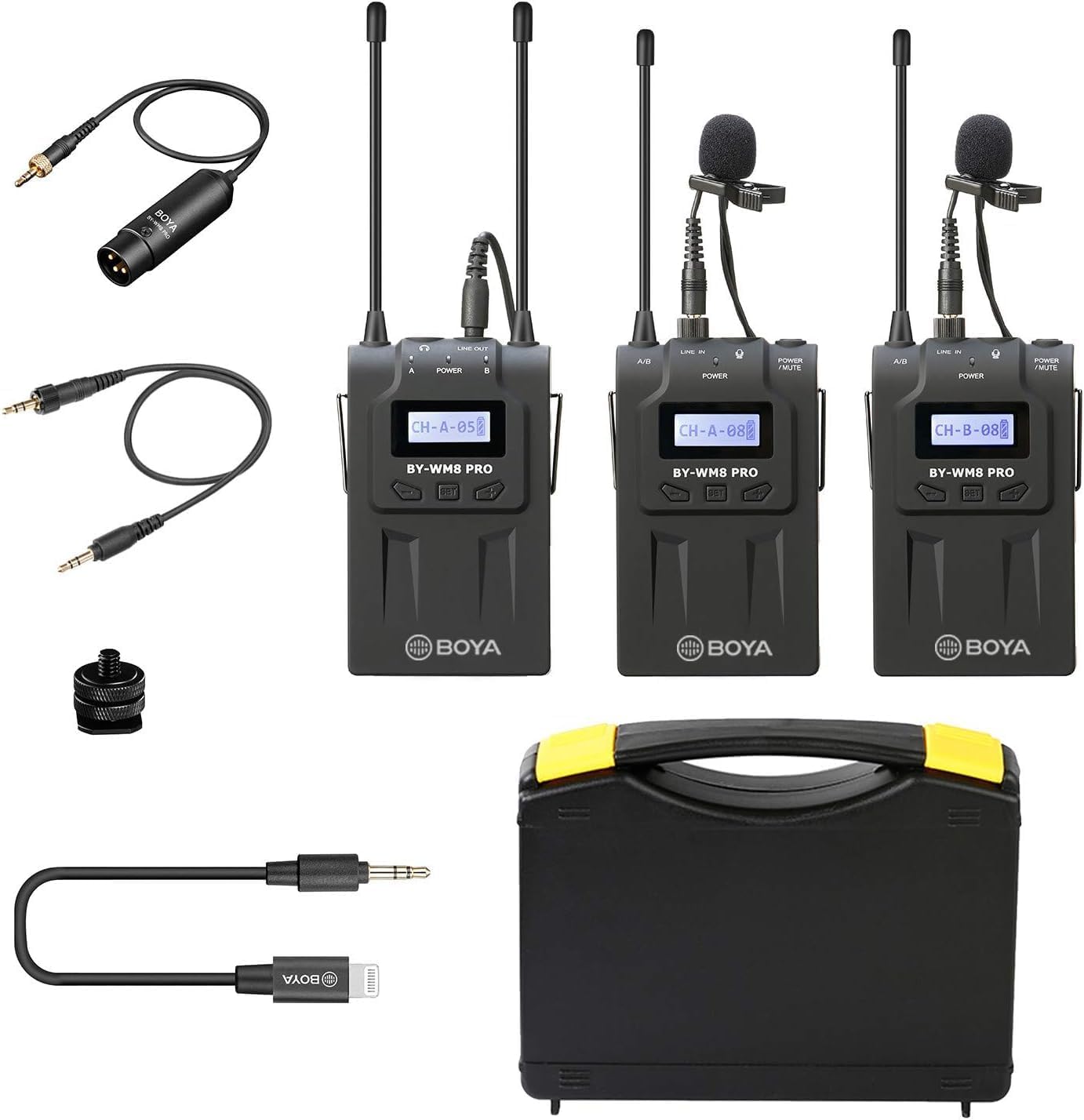 BOYA BY-WM8 Pro-K2 complete kit with receiver, two transmitters, lavalier mics, cables and carry case