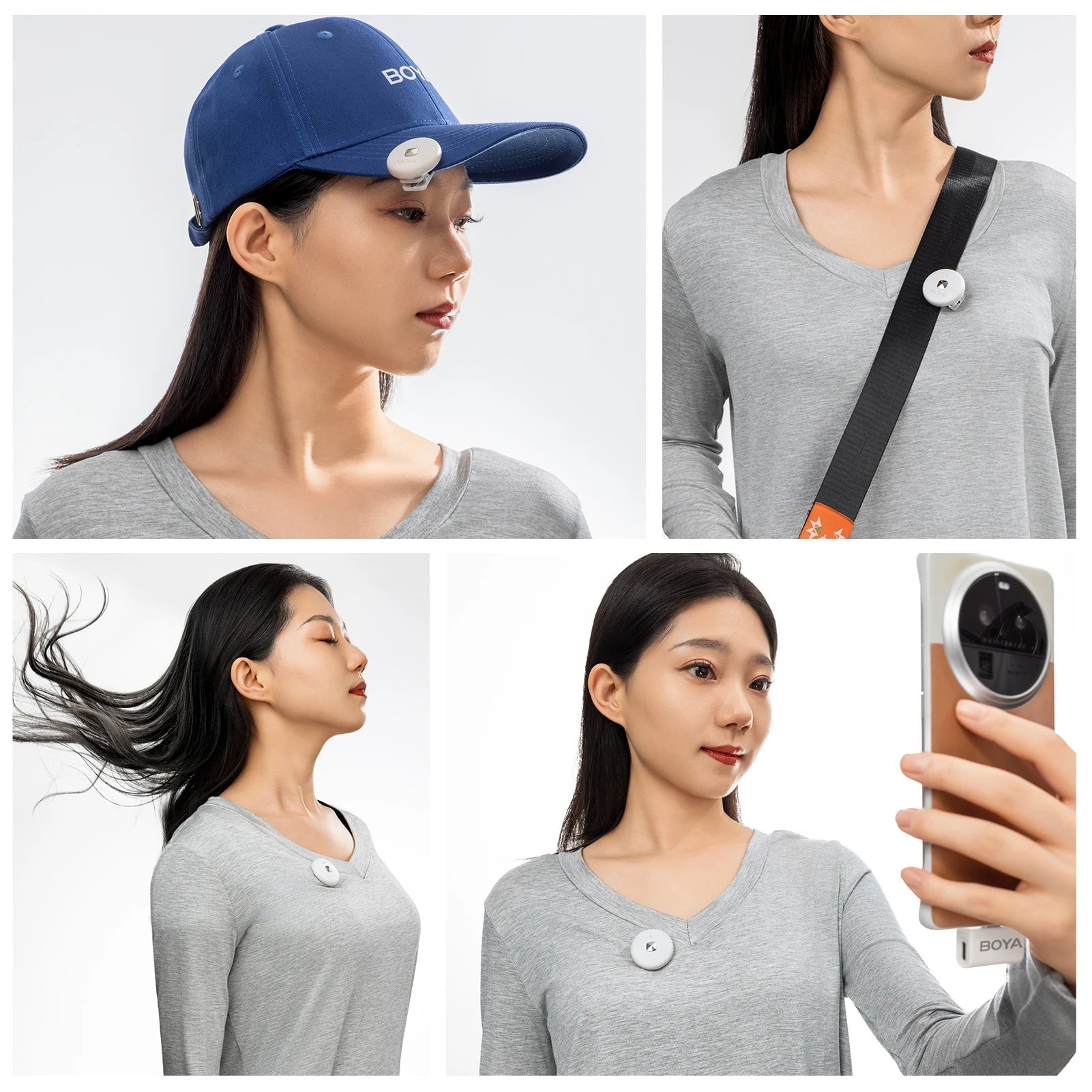 BOYA wireless mini microphone Kenya magnetic clip attached to cap, bag strap, collar, and held near smartphone